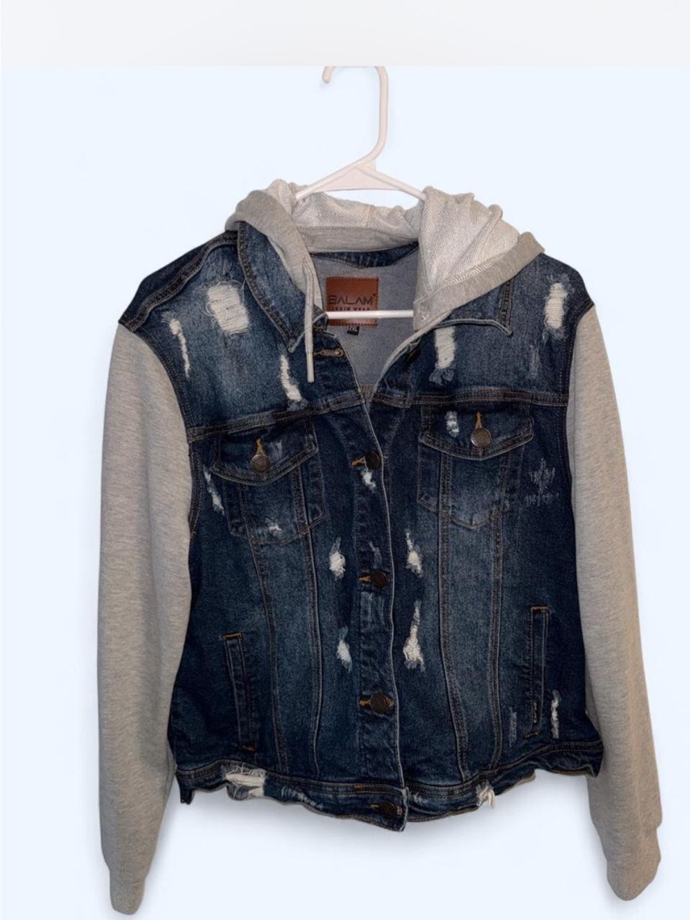 Bala Blue Distressed Denim Jacket with Gray Hood & Sleeves